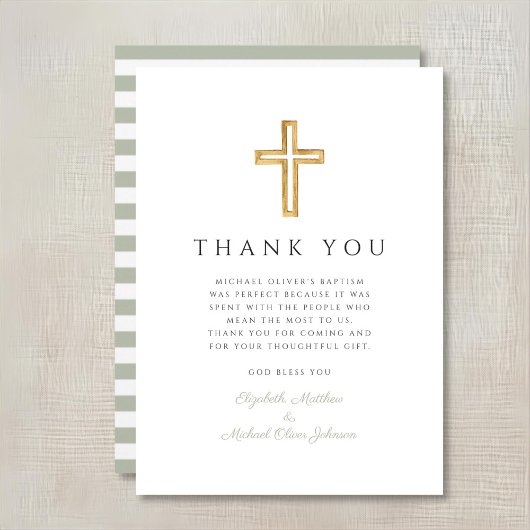 Elegant Sage Green Cross Baptism Bedankkaart