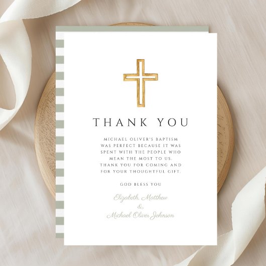 Elegant Sage Green Cross Baptism Bedankkaart