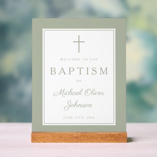 Elegant Sage Green Cross Boy Baptism Welcome (Neutre)