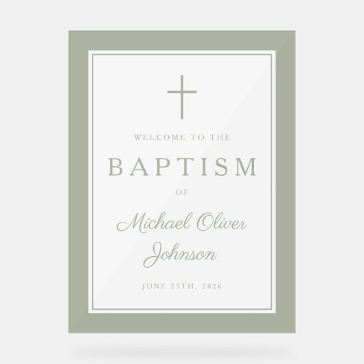 Elegant Sage Green Cross Boy Baptism Welcome Acryl Bord (Voorkant)