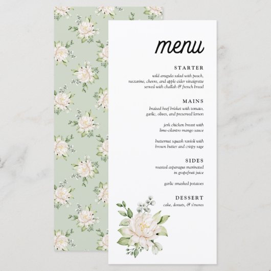 Elégant Sage Green Floral Peony Menu Dîner (Devant / Derrière)