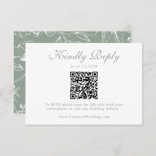 Elegant Sage Green Floral QR Code Wedding RSVP (Devant / Derrière)