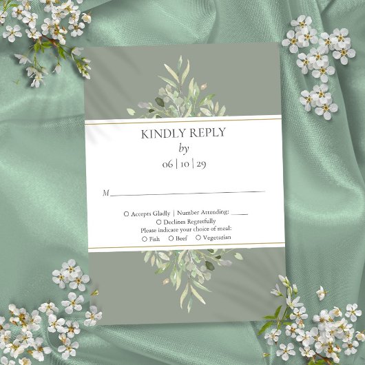 Elegant Sage Green Greenery Gold RSVP Kaartje