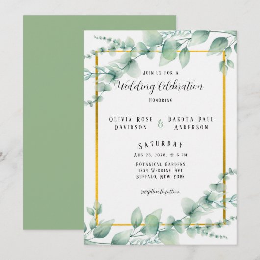 Elegant Sage Green Greenery Gold Wedding Kaart (Voorkant / Achterkant)
