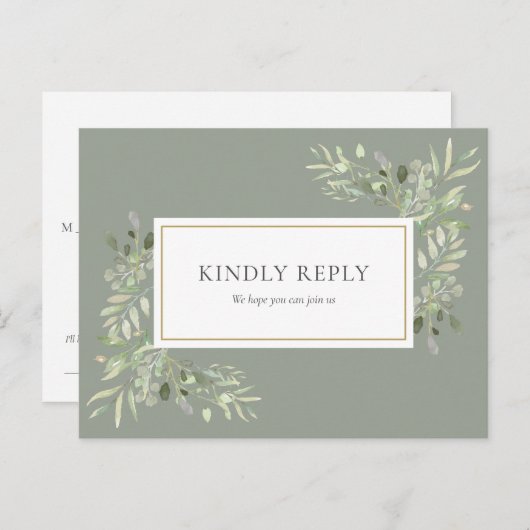 Elegant Sage Green Greenery Wedding RSVP Uitnodiging Briefkaart (Voorkant / Achterkant)