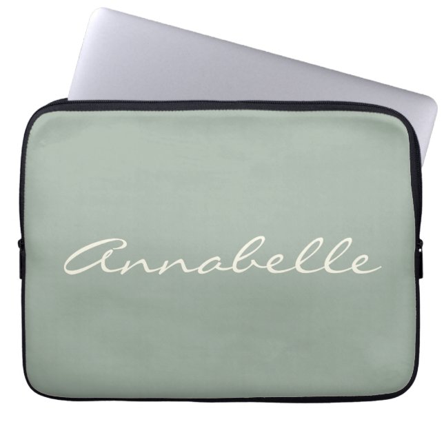 Elegant Sage Green Handgeschreven Script Name Cust Laptop Sleeve (Voorkant)