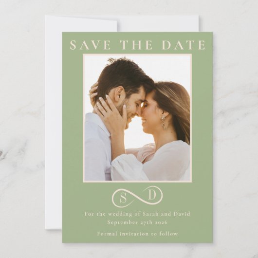 Elegant Sage Green Infinity Monogram Save the Date (Voorkant)