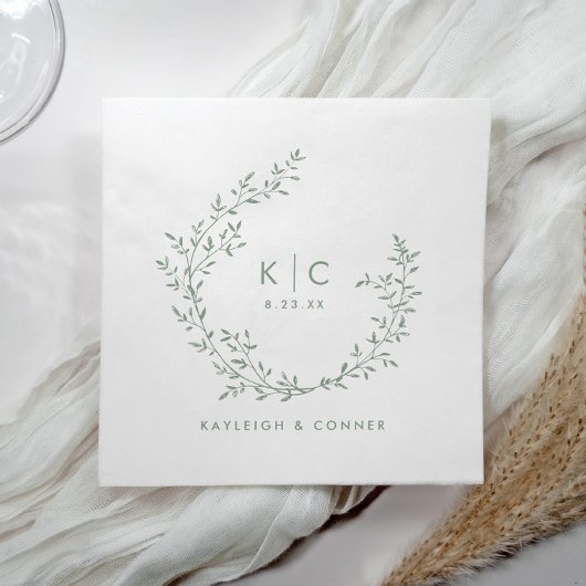 Elegant Sage Green Initials Botanical Wedding Servet