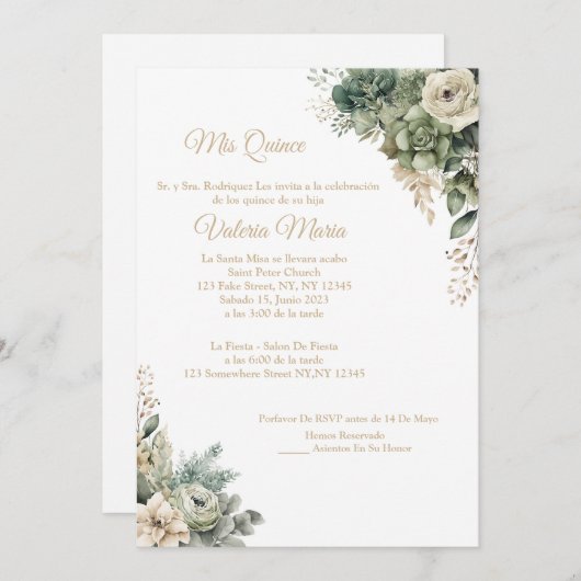 Elégant Sage Green Invitation avec Rose Enchanteur (Devant / Derrière)