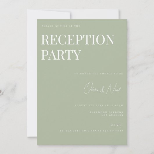 Elégant Sage Green Mariage Réception Invitation (Devant)