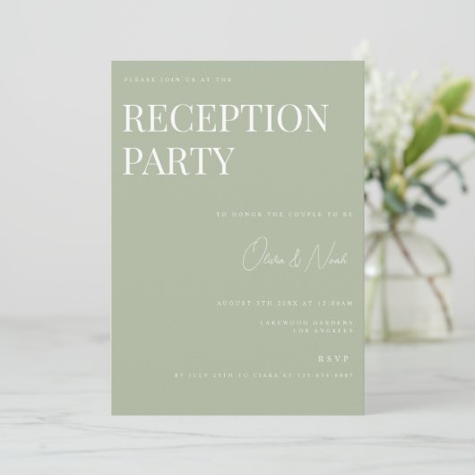 Elégant Sage Green Mariage Réception Invitation (Debout devant)