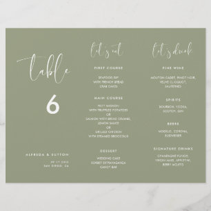 Elégant Sage Green Menu & Numéro de table triplé