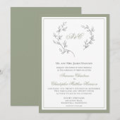 Elegant Sage Green Monogram Leaf Wreater Weddensch Kaart (Voorkant / Achterkant)