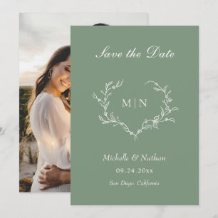 Elegant Sage Green Monogram Save the Date Photo Kaart