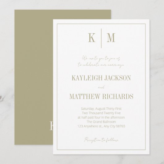 Elegant Sage Green Monogram Wedding  Kaart (Voorkant / Achterkant)