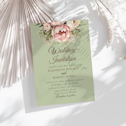 Elegant Sage Green Peony Wedding Invitation
