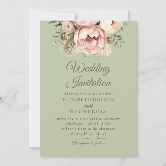 Elegant Sage Green Peony Wedding Invitation (Devant)