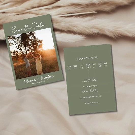 Elegant Sage Green Photo Save the Date Card