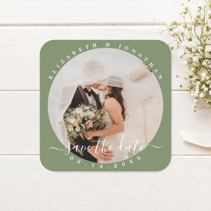 Elegant Sage Green Photo Wedding Save the Date Vierkante Sticker