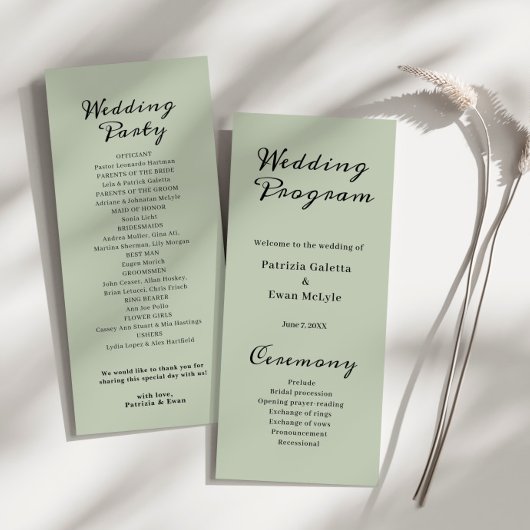 Elégant Sage Green Plat Wedding programme