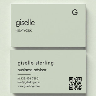 Elegant Sage Green QR Code Minimalistisch Monogram Visitekaartje