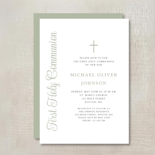 Elegant Sage Green Script Boy First Communion Kaart