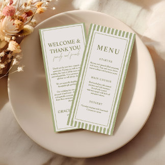 Elegant Sage Green Stripe Menu and Thank You Card