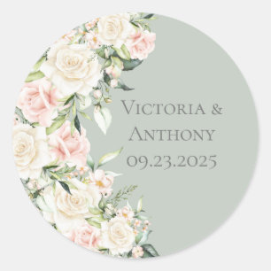 Elegant Sage Green Waterverf Floral Wedding Ronde Sticker
