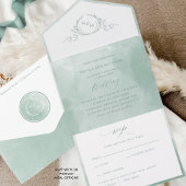 Elegant Sage Green Waterverf Monogram Weddenschap  All In One Uitnodiging