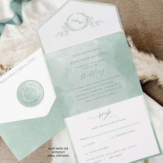 Elegant Sage Green Waterverf Monogram Weddenschap  All In One Uitnodiging