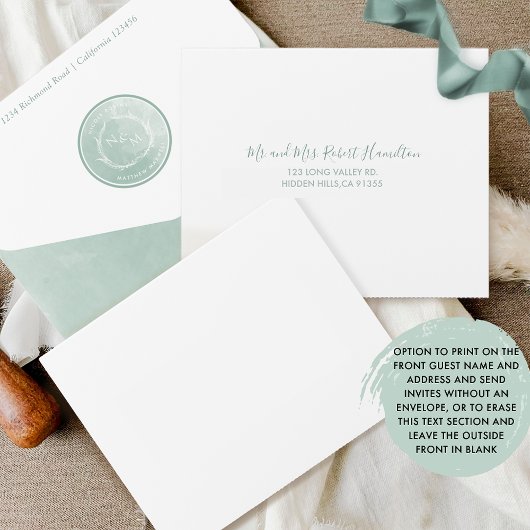 Elegant Sage Green Waterverf Monogram Weddenschap  All In One Uitnodiging