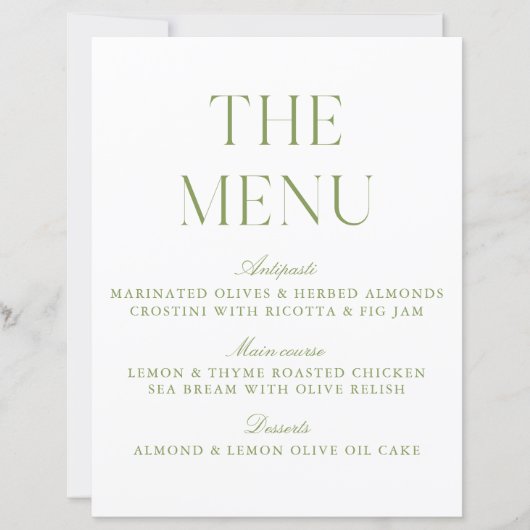 Elegant Sage Green Wedding Menu Sign (Voorkant)