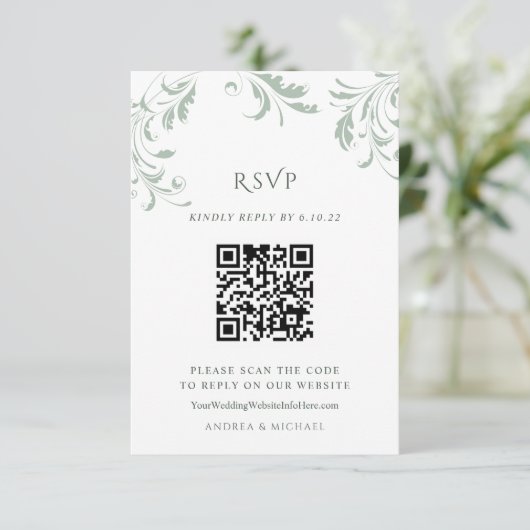 Elegant Sage Green Wedding QR Code Reply Online RSVP Kaartje (Staand voorkant)