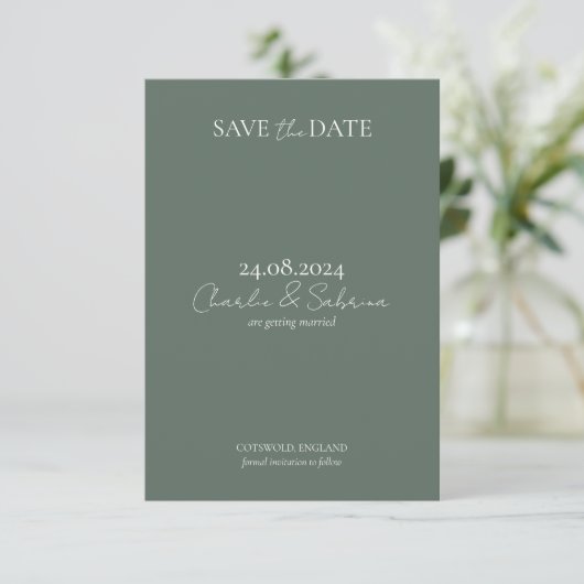 Elegant Sage Green Wedding Save the Date Cards (Staand voorkant)