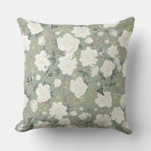 Elegant Sage Green White Chinoiserie Flowers Birds Kussen