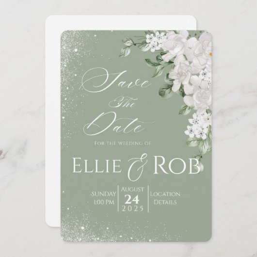 Elegant Sage Green White Floral Save The Date (Devant / Derrière)
