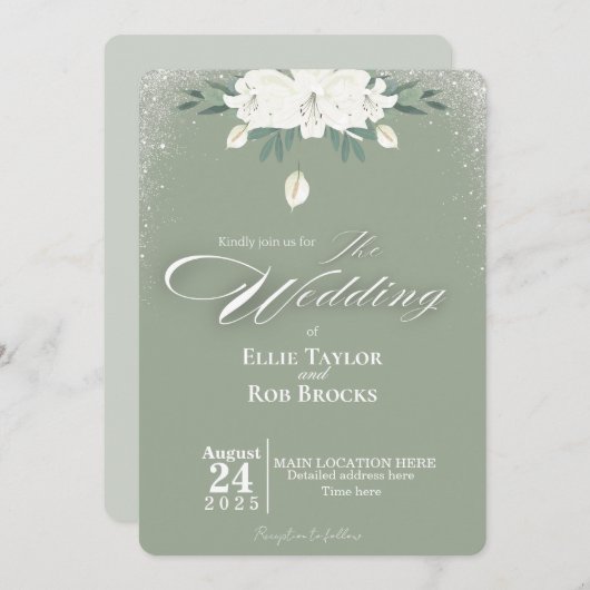 Elegant Sage Green White Floral Wedding Invitation (Devant / Derrière)