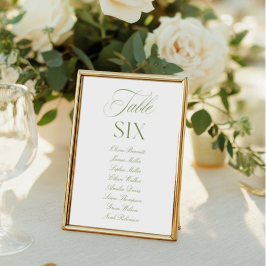 Elégant Sage Green & White Mariage Numéro de table