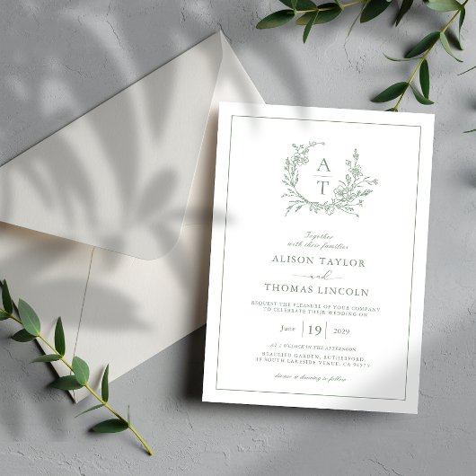 Elegant Sage Green Wildflower Crest Wedding Kaart