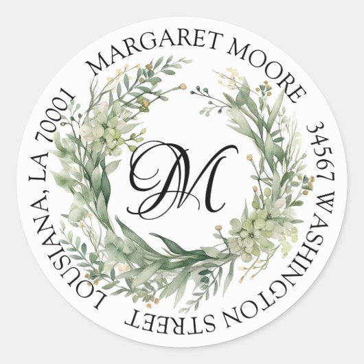 Elegant Sage Groen Bloemen Script Monogram Adres Ronde Sticker (Voorkant)
