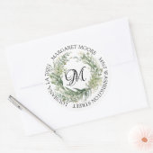 Elegant Sage Groen Bloemen Script Monogram Adres Ronde Sticker (Envelop)