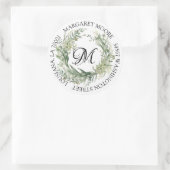 Elegant Sage Groen Bloemen Script Monogram Adres Ronde Sticker (Tas)
