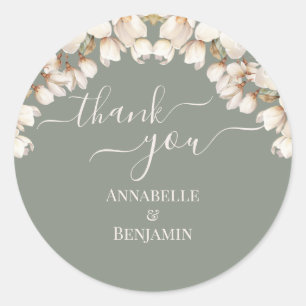 Elegant Sage Groen en Wit Bloemen Bruiloft Ronde Sticker