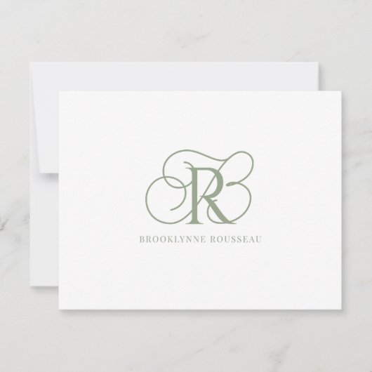 Elegant Sage Groen Monogram Platte Nota Kaart Notitiekaartje (Voorkant)