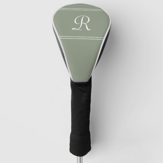 Elegant Sage Groen Wit Monogram Gestreept Initiaal Golfheadcover (Voorkant)