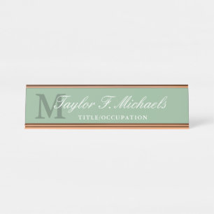 Elegant Sage Groen Wit Monogram & Naam Bureau Naambordje