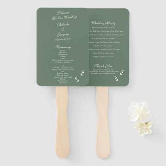 Elegant Sage Olive Groen Script Huwelijksprogramma Handwaaier (Voorkant en achterkant)