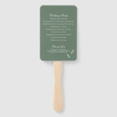 Elegant Sage Olive Groen Script Huwelijksprogramma Handwaaier (Achterkant)