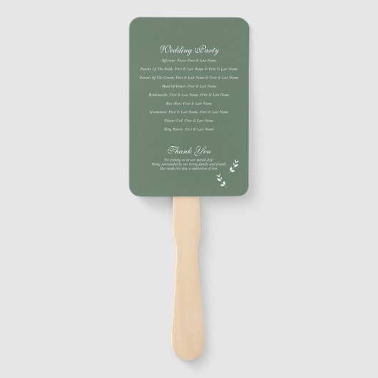 Elegant Sage Olive Groen Script Huwelijksprogramma Handwaaier (Achterkant)