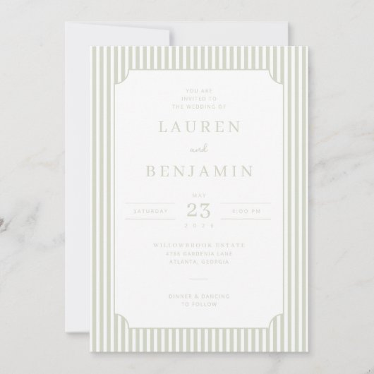Elegant Sage Striped Wedding Invitation (Devant)